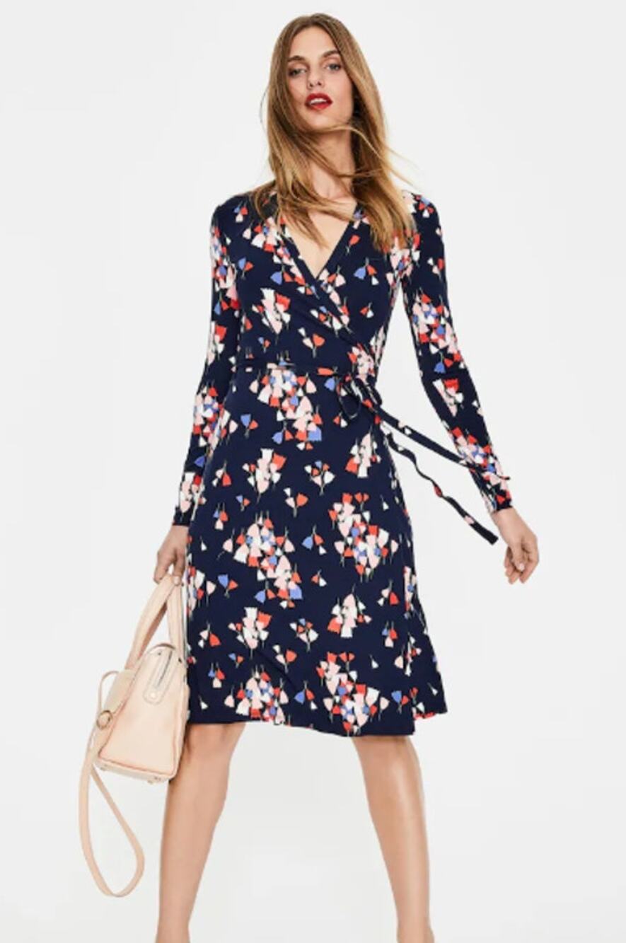 Boden Jersey Navy Tulip Print Wrap Dress size 6R